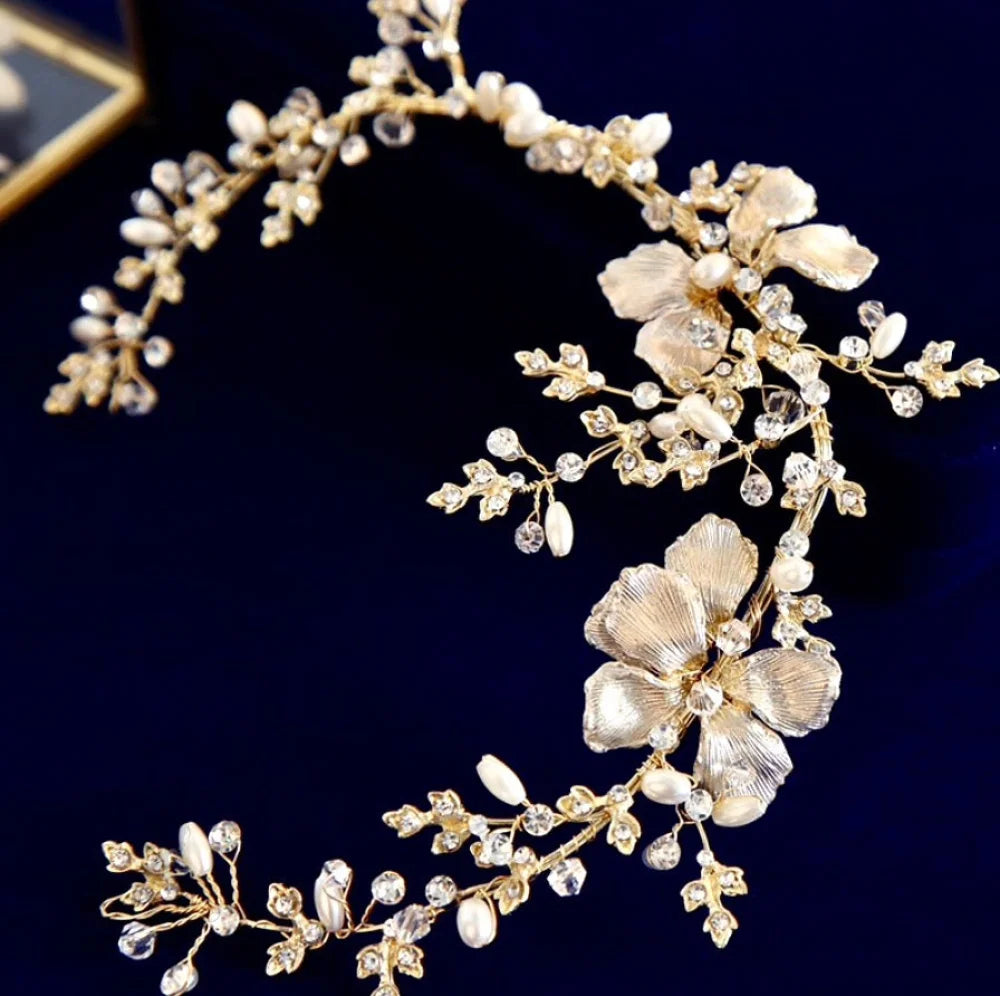 Athena Pearl And Crystal Bridal Headband In Gold Silver