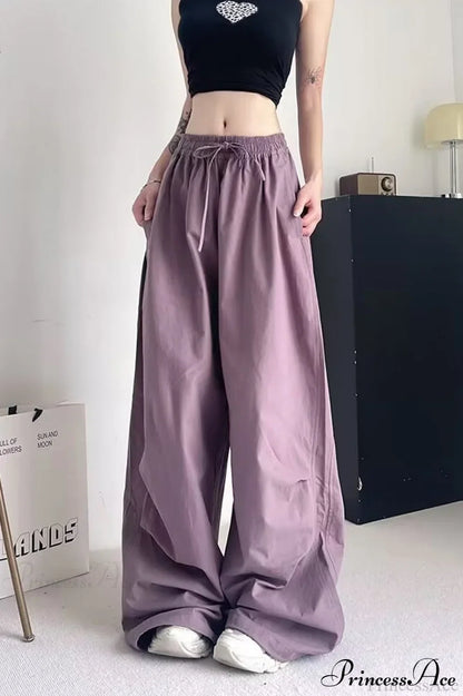 Athletic Stretchy Waist Relaxed Cargo Pants Purple / S