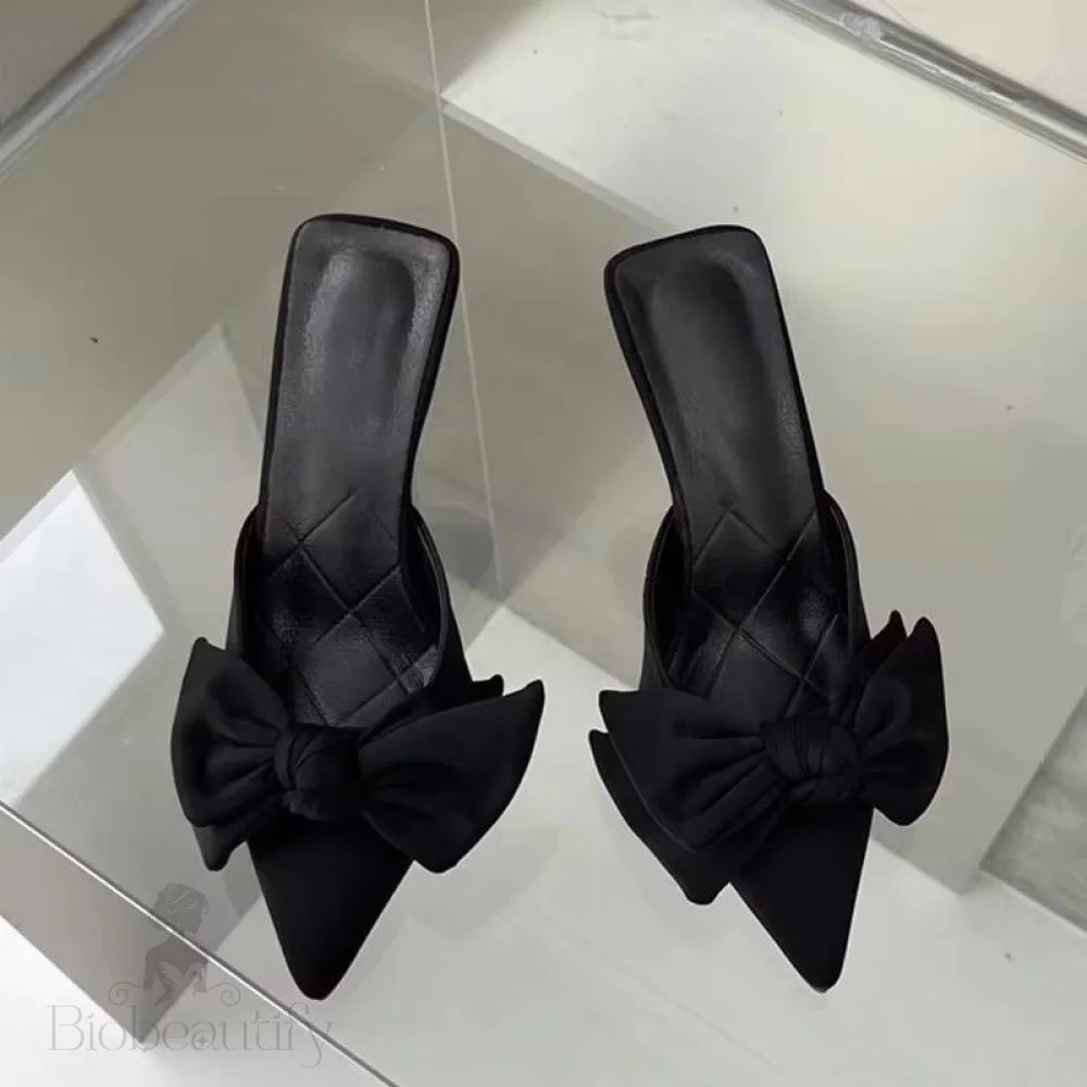 Autumn Big Butterfly-Knot Women Slippers Sandals Pointed Toe Mules Stripper High Heel Black / 40