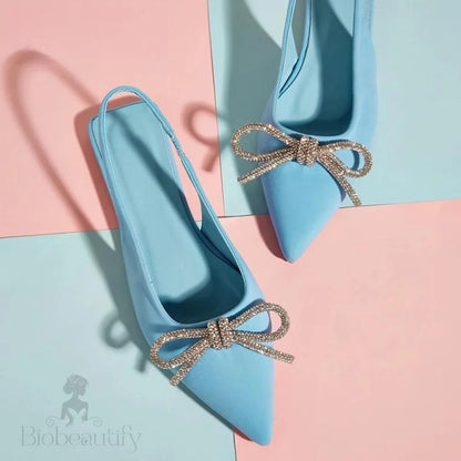 Autumn Crystal Butterfly-Knot Green Women Pumps With Shallow Pointed Toe For Strippers Light Blue /