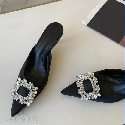 Autumn Metal Crystal Silk Slippers Women Pointed Toe Stripper High Heels