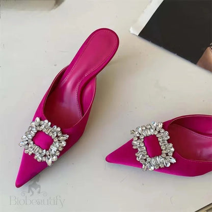 Autumn Metal Crystal Silk Slippers Women Pointed Toe Stripper High Heels