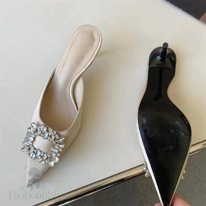 Autumn Metal Crystal Silk Slippers Women Pointed Toe Stripper High Heels