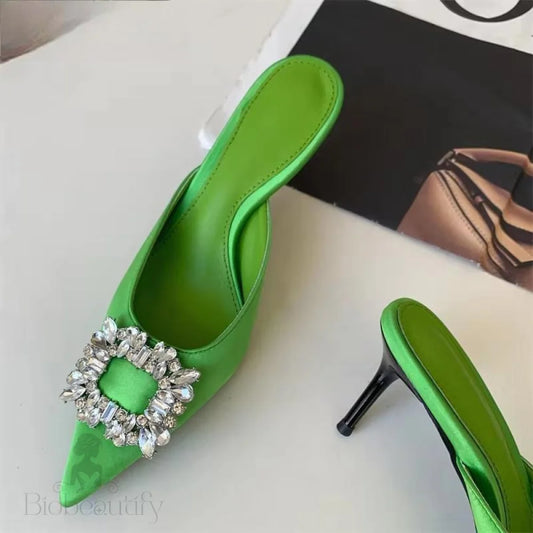 Autumn Metal Crystal Silk Slippers Women Pointed Toe Stripper High Heels Green / 35