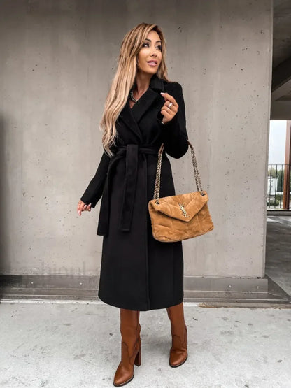Autumn Winter V neck Button Warm Long Women Coat with Belt Overcoats