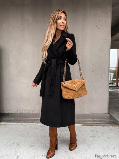 Autumn Winter V neck Button Warm Long Women Coat with Belt Overcoats