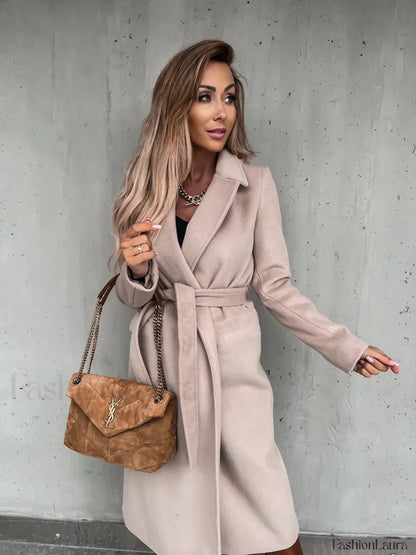 Autumn Winter V neck Button Warm Long Women Coat with Belt Overcoats Apricot color / S