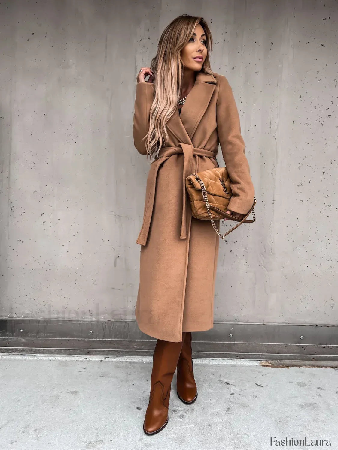 Autumn Winter V neck Button Warm Long Women Coat with Belt Overcoats Khaki / S