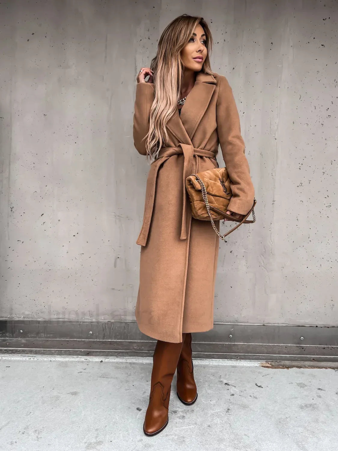 Autumn Winter V neck Button Warm Long Women Coat with Belt Overcoats Khaki / S