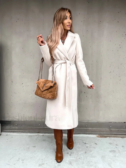 Autumn Winter V neck Button Warm Long Women Coat with Belt Overcoats WHITE / S