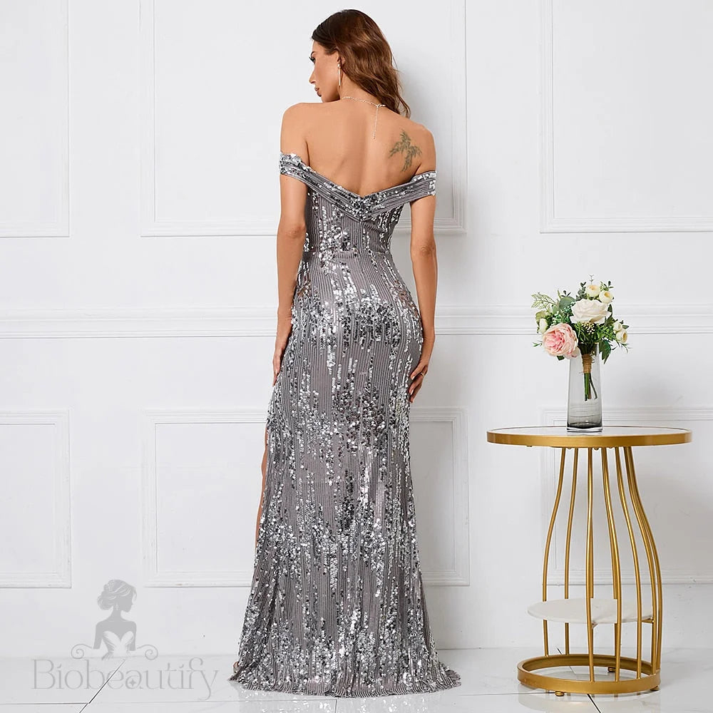 Avalon Sequin Off Shoulder Gown