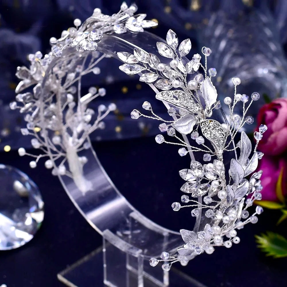 Avani Pearl And Crystal Bridal Headband In Silver Gold