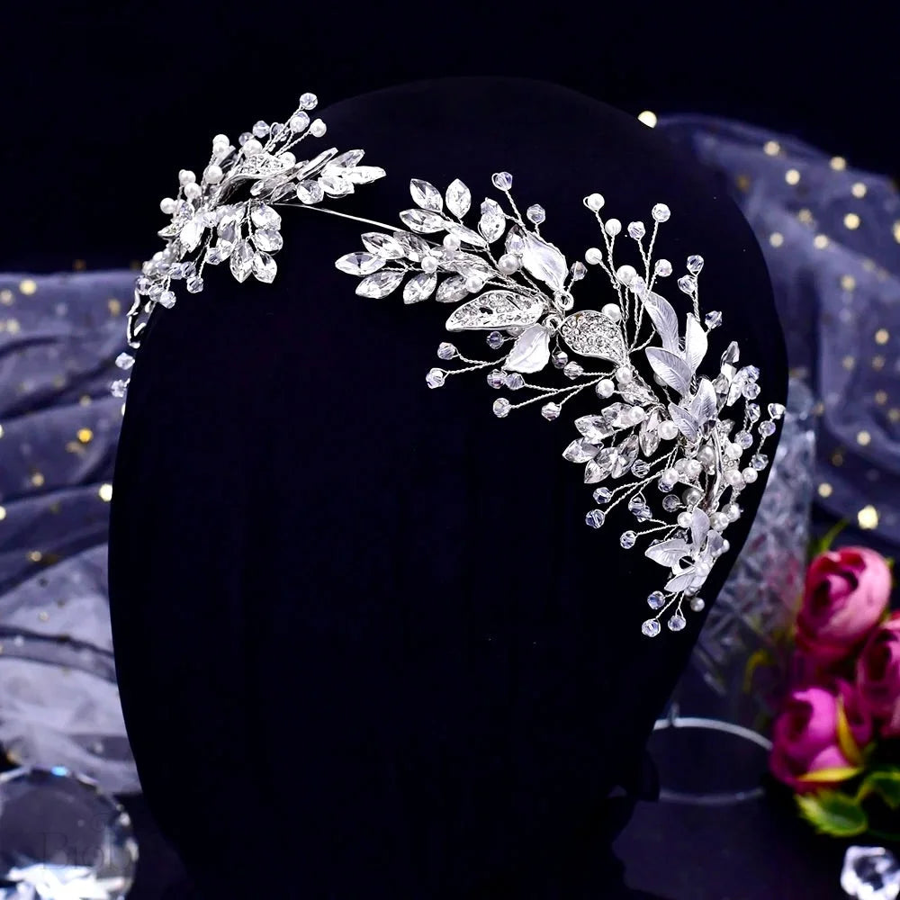 Avani Pearl And Crystal Bridal Headband In Silver Gold