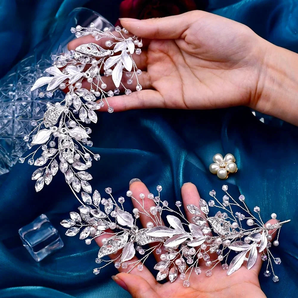 Avani Pearl And Crystal Bridal Headband In Silver Gold