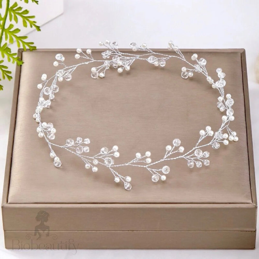 Avery Silver Pearl Crystal Bridal Headband Hair Vine