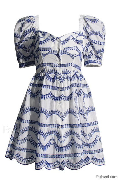 Ayiak Elegant Short Dress S / Blue White Samoa