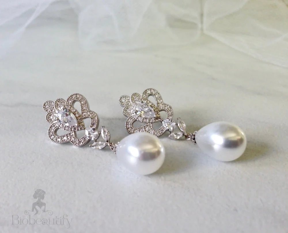 Ayla Pearl And Cz Bridal Earrings