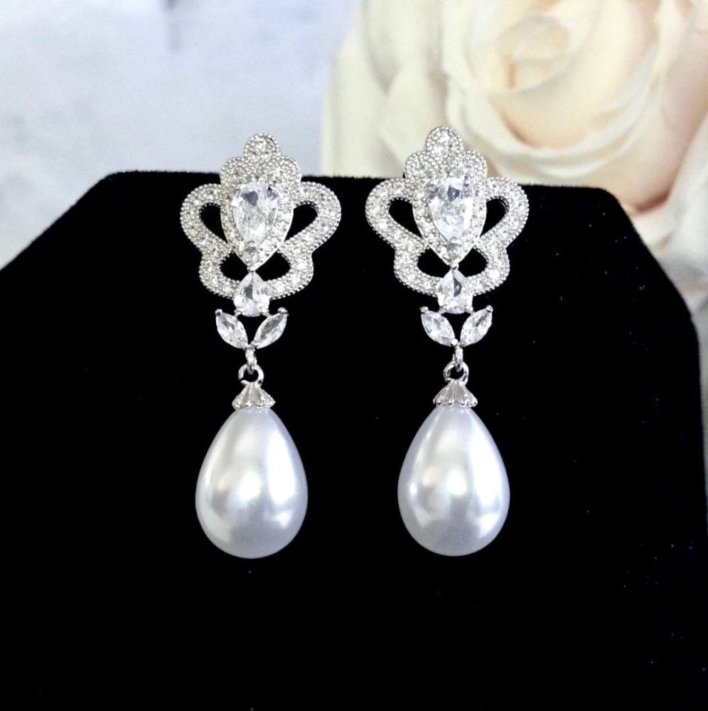 Ayla Pearl And Cz Bridal Earrings