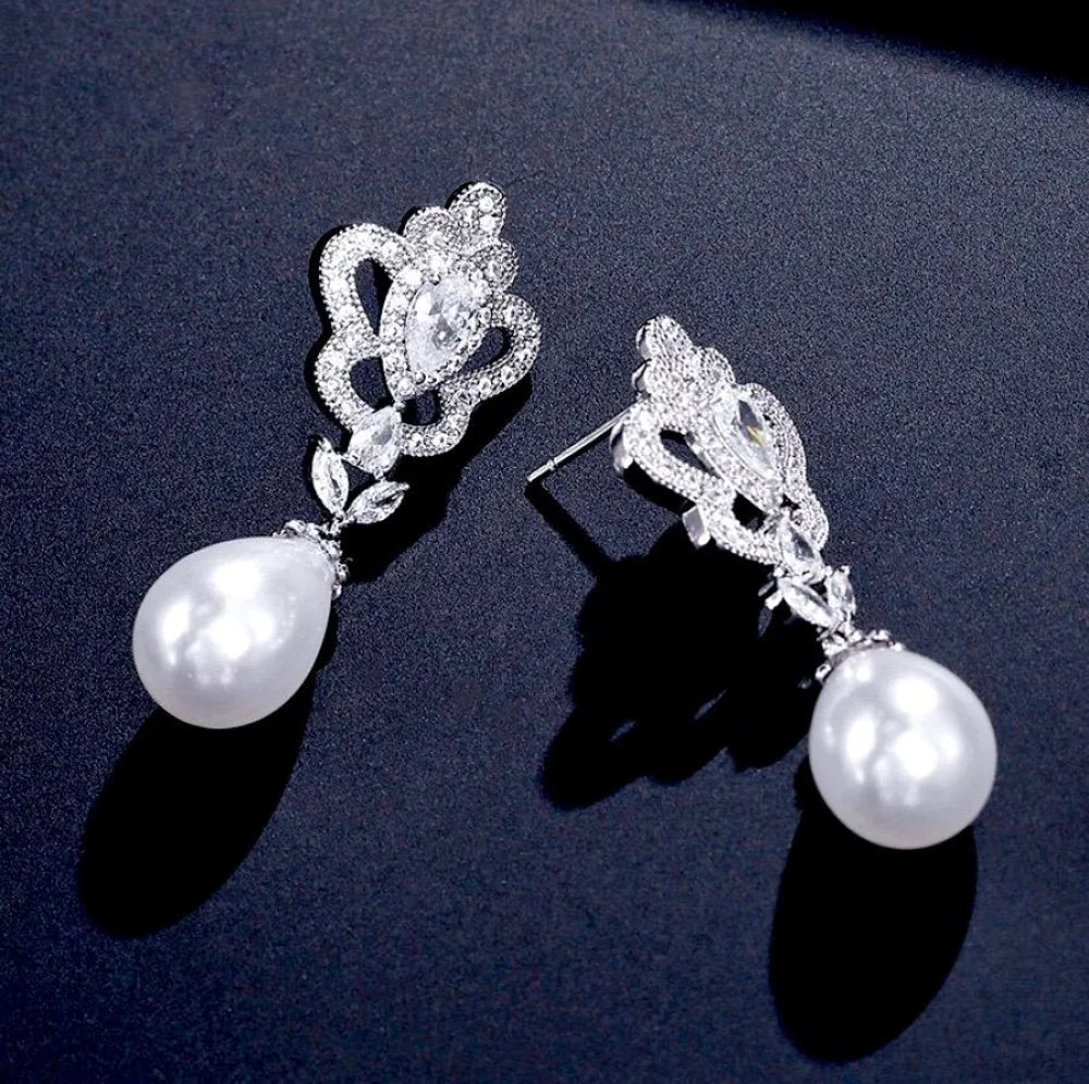 Ayla Pearl And Cz Bridal Earrings