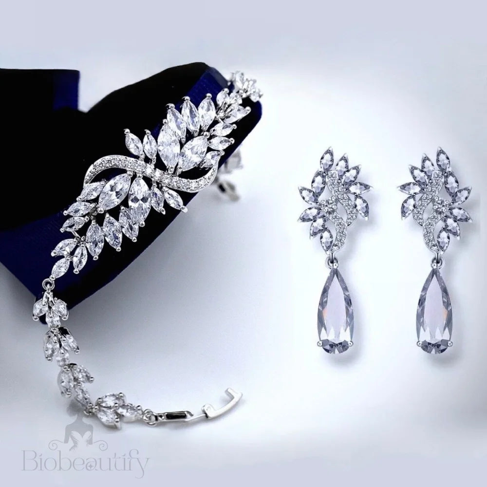 Azalea Cubic Zirconia Bridal Jewelry Set - Bracelet And Earrings