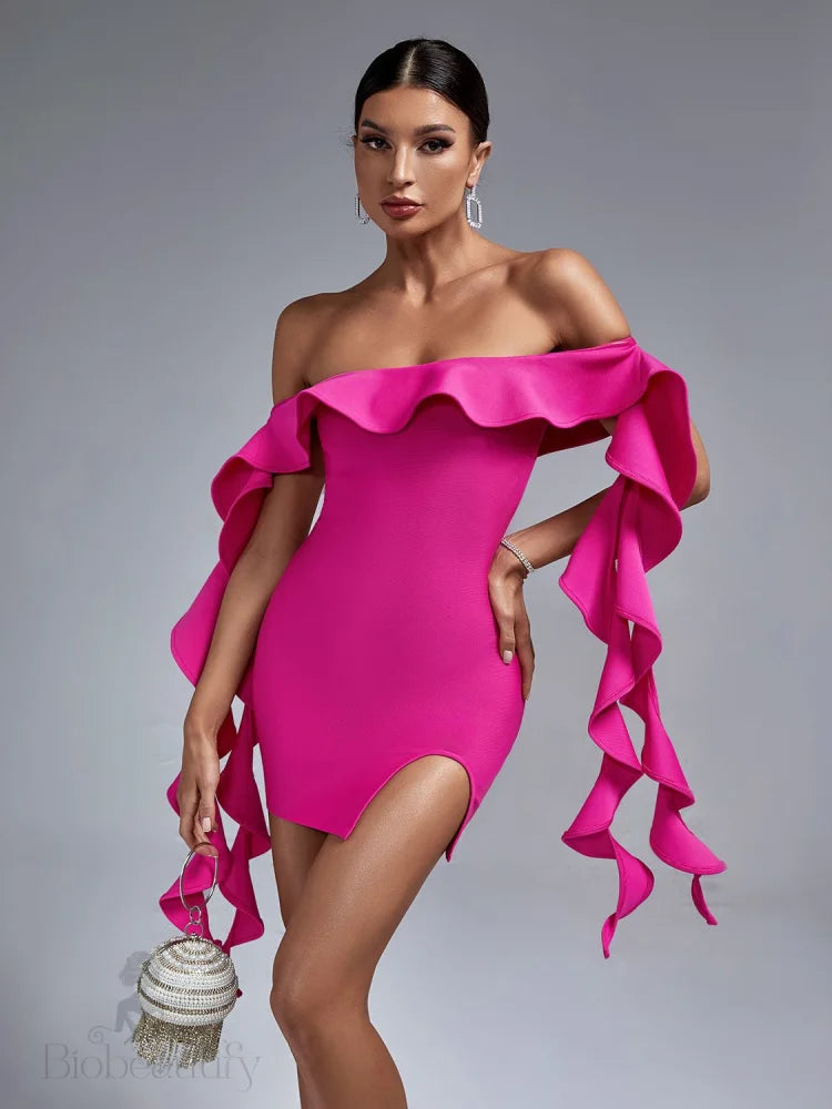 Azalea Off Shoulder Ruffle Bandage Dress - SunsetFashionLA