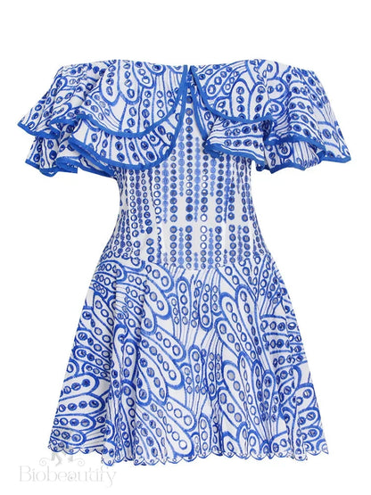 Azure Embroidered Off Shoulder Ruffled Dress