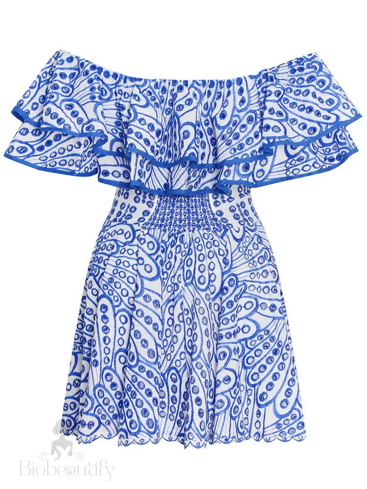 Azure Embroidered Off Shoulder Ruffled Dress