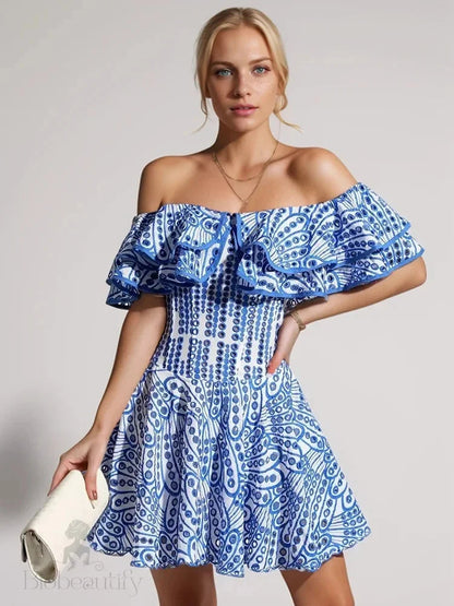 Azure Embroidered Off Shoulder Ruffled Dress Blue / S