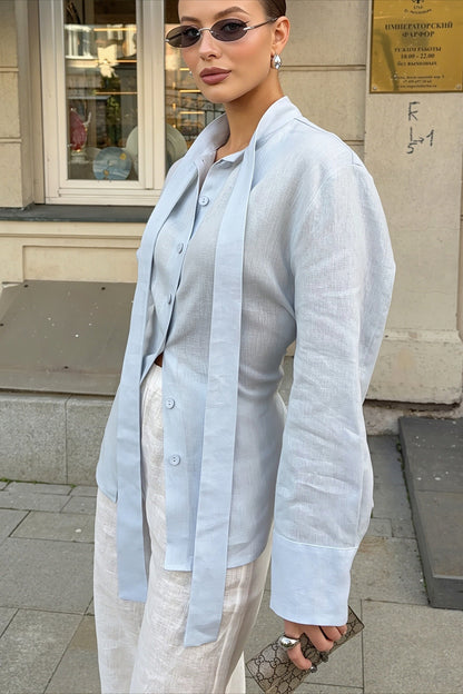 Tie Waist Solid Cotton Long Sleeve Blouse