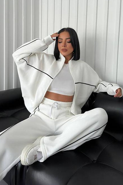 Stand Collar Zip Sweatshirt Stripe Pants Set