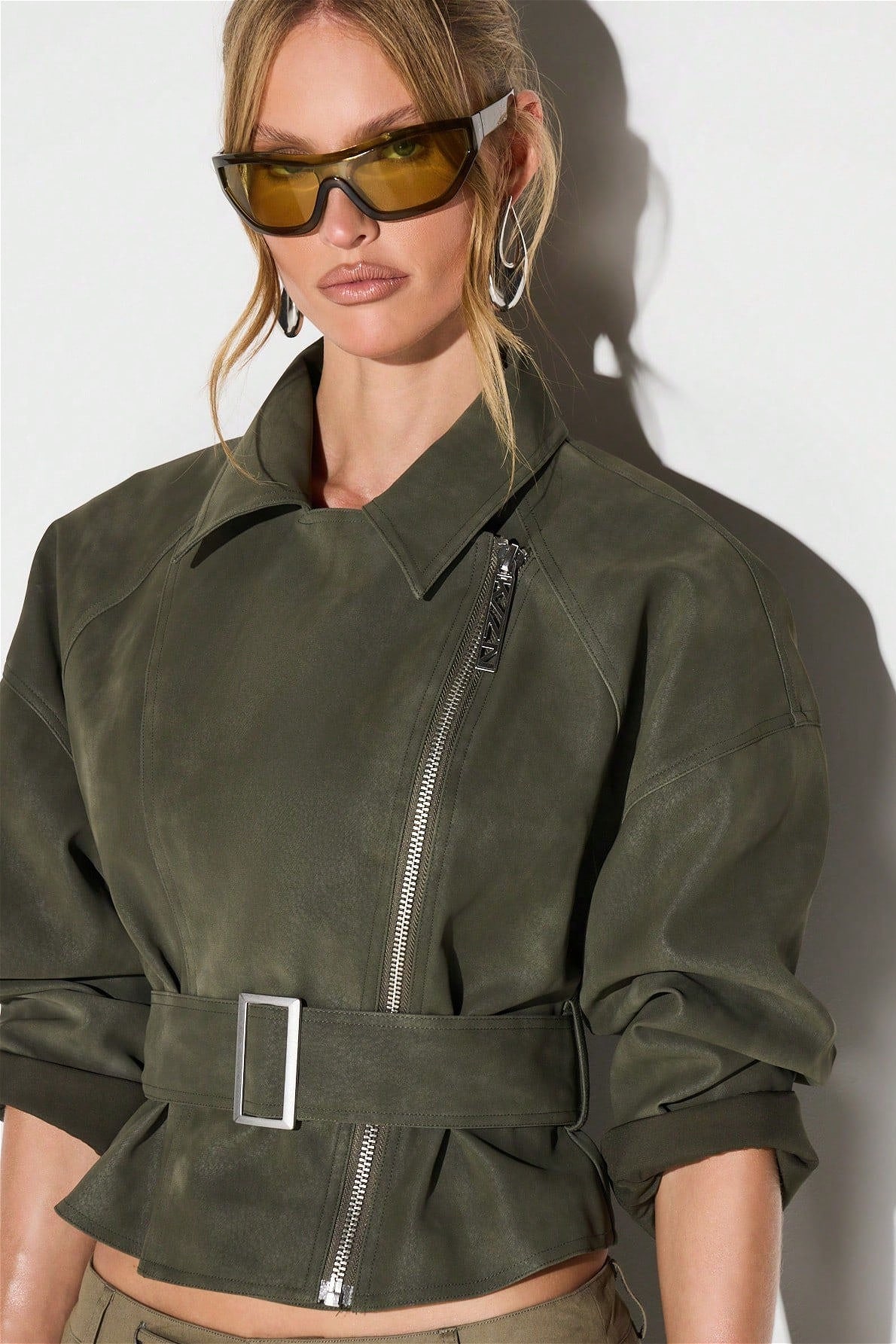 Belted Asymmetric Suede Look Jacket