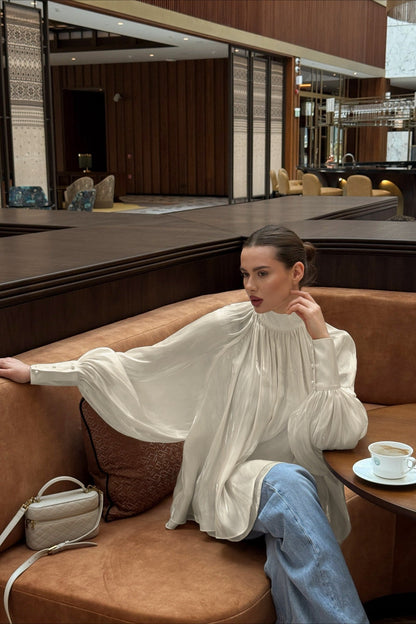 High Neck Balloon Sleeve Blouse