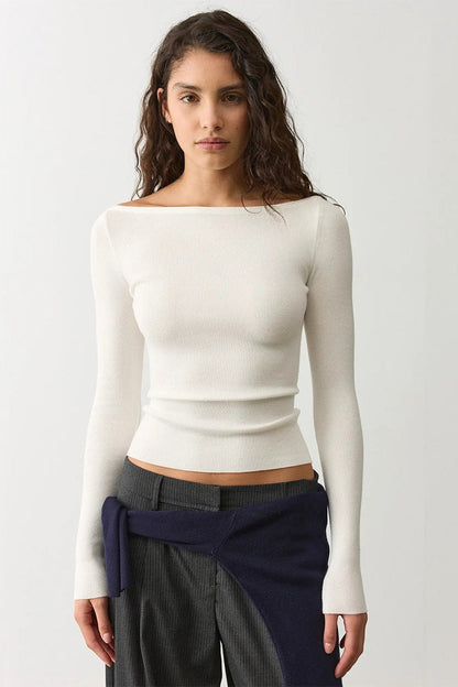 Boat Neck Fitted Fine Knit Sweater