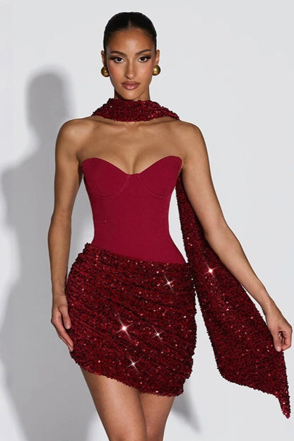 Sequin Draped Scarf Strapless Cocktail Dress