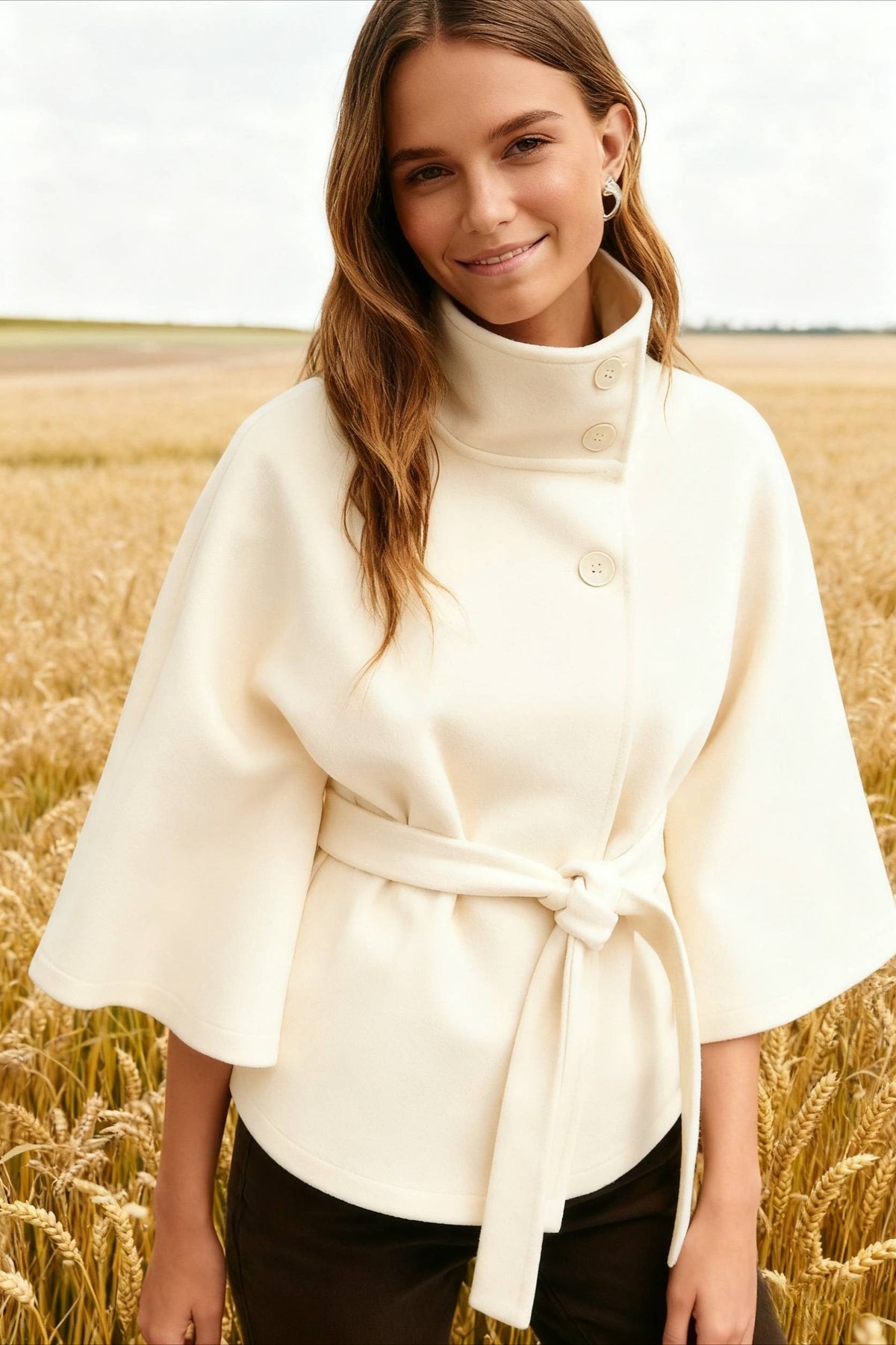 Button Up Stand Collar Cape Coat