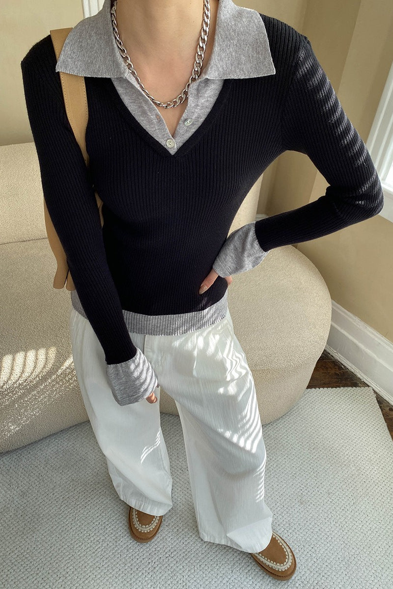 Color Block Faux Two Piece Polo Collar Slim Knit Blouse