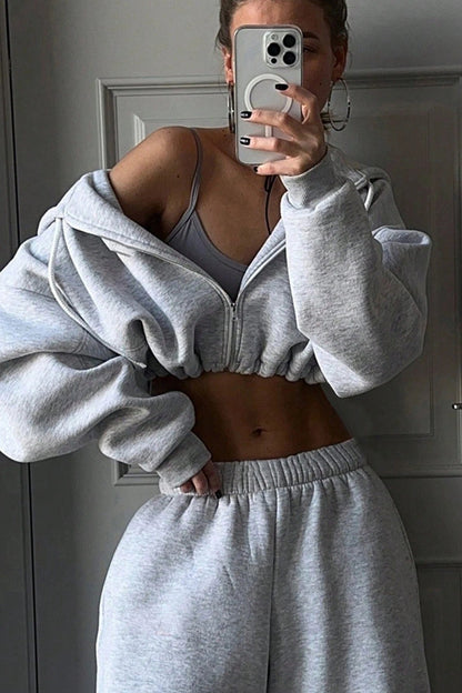 Minimal Cropped Zip Sweatshirt Two Piece Set