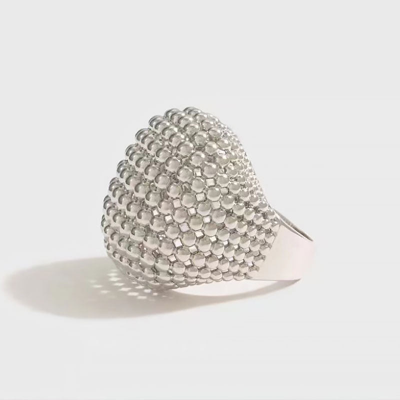 19C Metallic Rhodium Plated Textured Half Mesh Sphere Ring Silver / 6