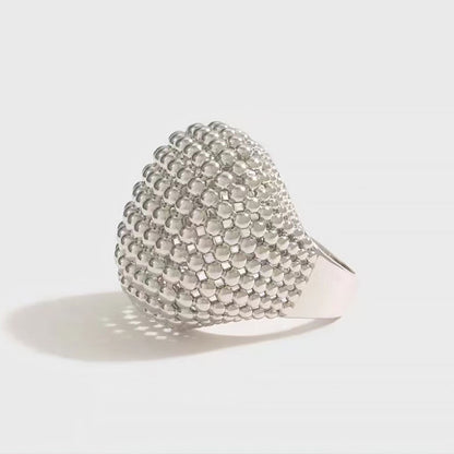 19C Metallic Rhodium Plated Textured Half Mesh Sphere Ring Silver / 6