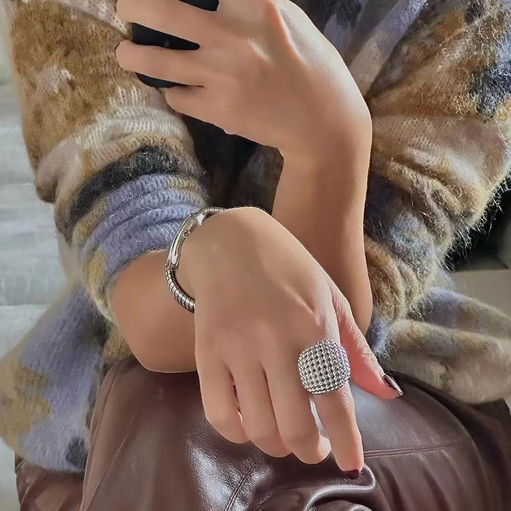 19C Metallic Rhodium Plated Textured Half Mesh Sphere Ring Silver / 8