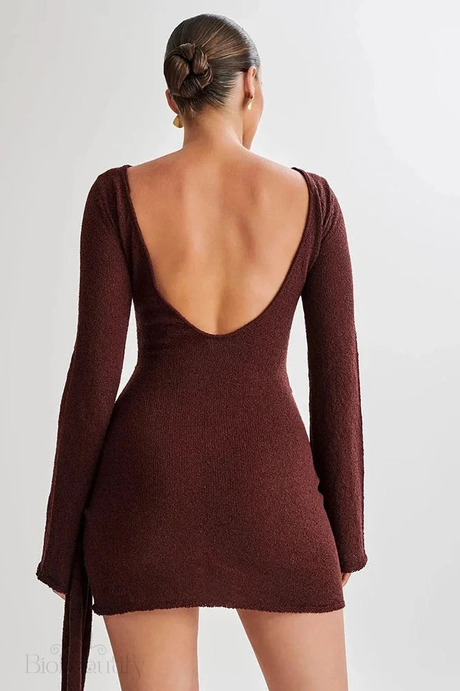 Backless Pleated Long Sleeve Mini Dress