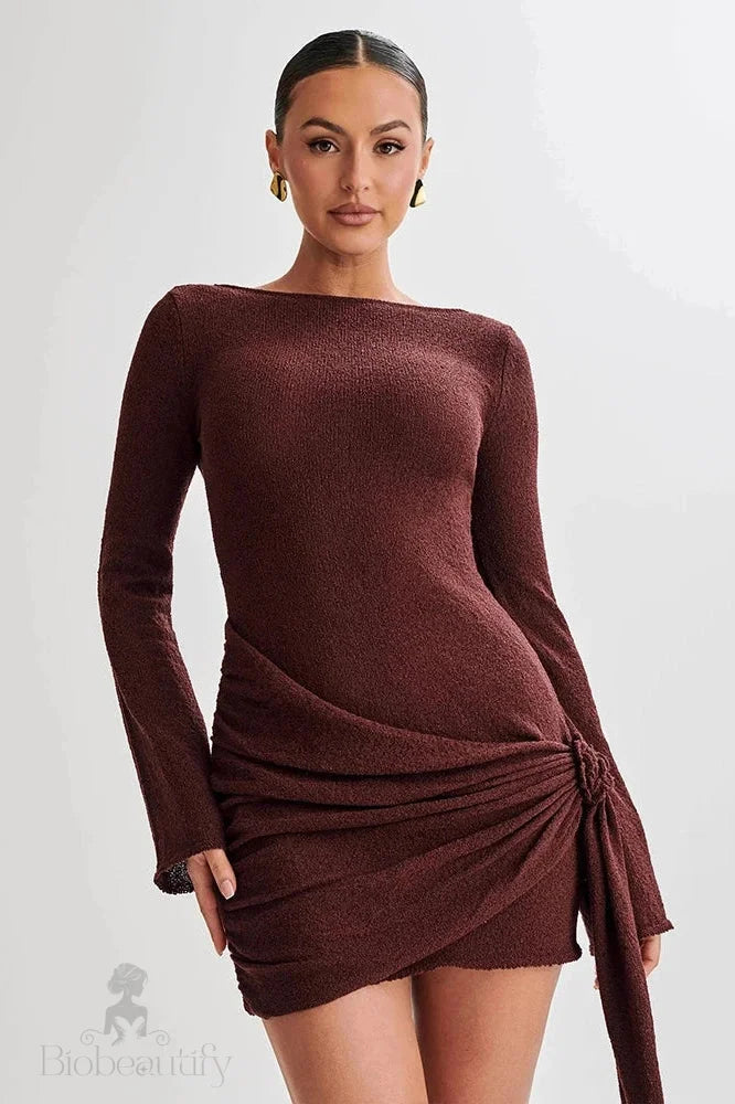 Backless Pleated Long Sleeve Mini Dress