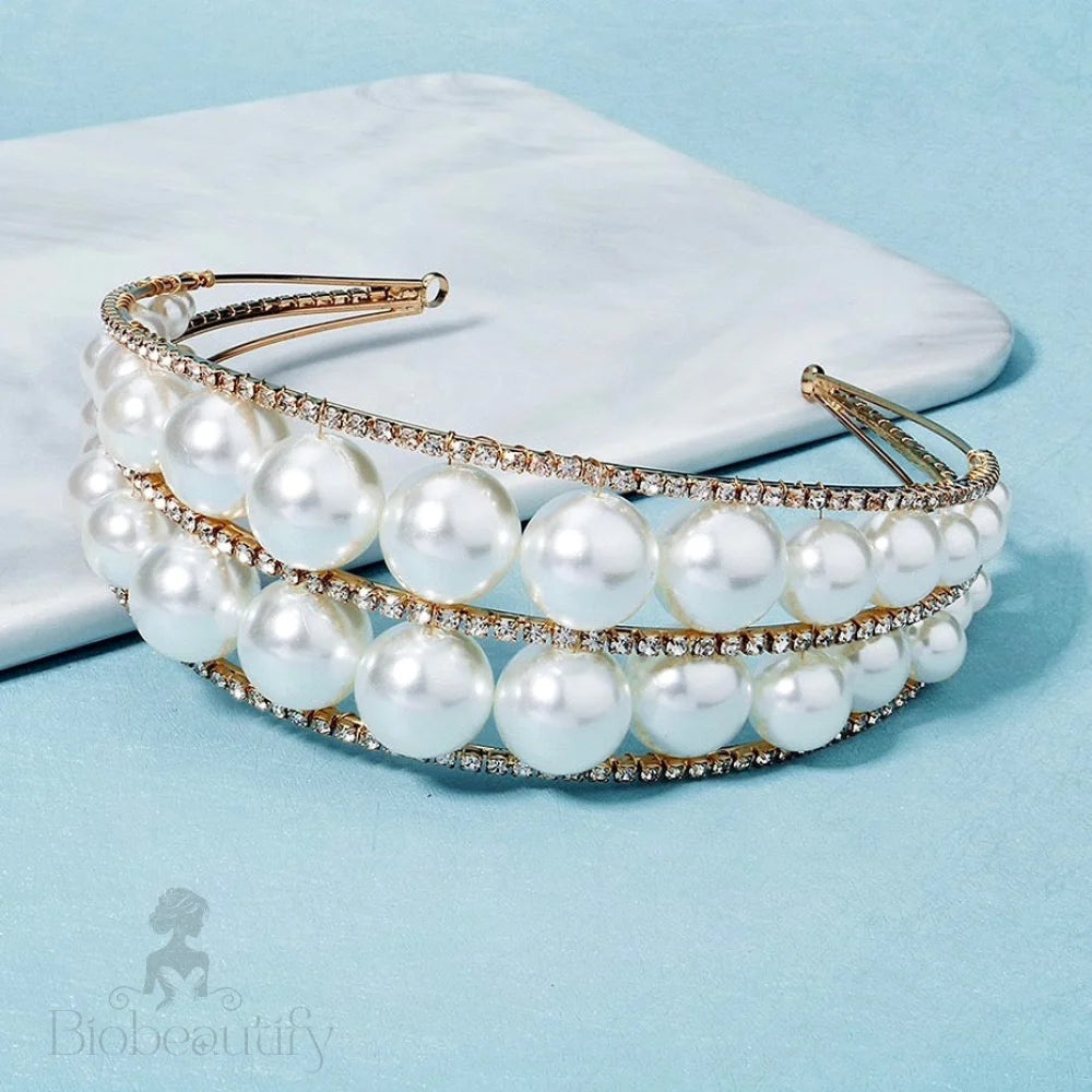 Barcelona Oversized Double Pearl Bridal Headband Tiara Silver Gold Options