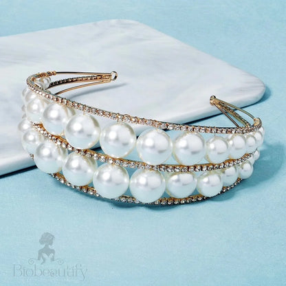 Barcelona Oversized Double Pearl Bridal Headband Tiara Silver Gold Options