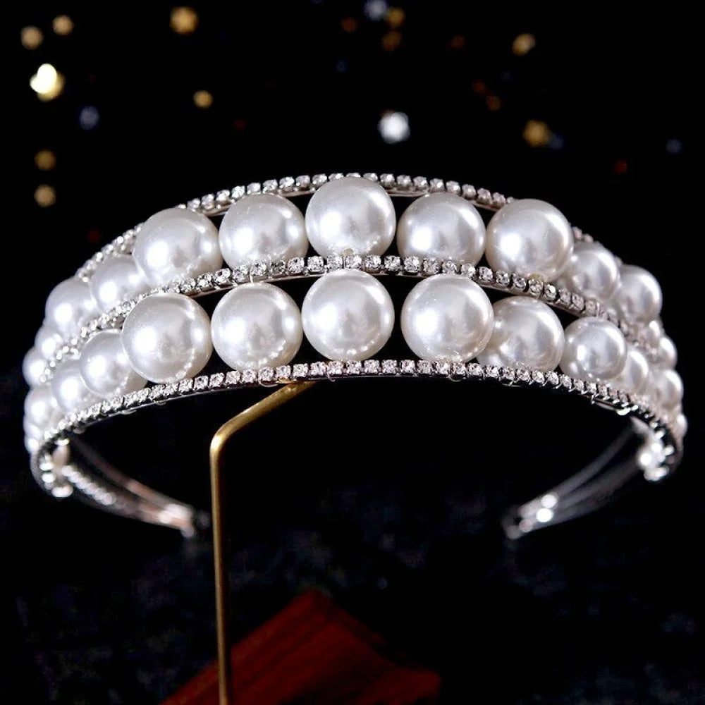 Wedding Hair Accessories - Oversized Double Pearl Bridal Headband / Tiara - Available in Silver and Gold