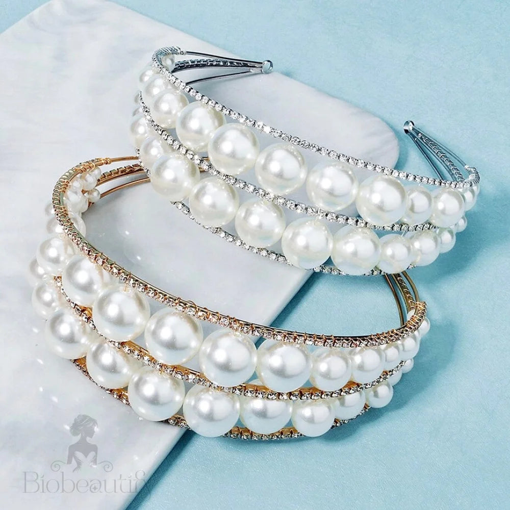 Barcelona Oversized Double Pearl Bridal Headband Tiara Silver Gold Options