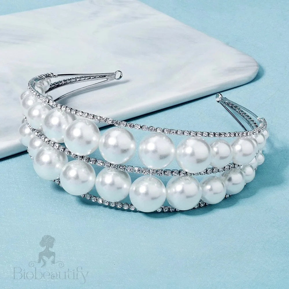 Barcelona Oversized Double Pearl Bridal Headband Tiara Silver Gold Options