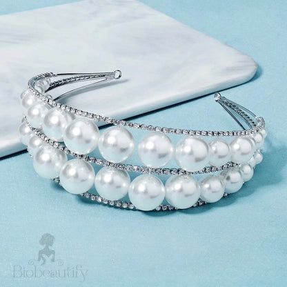 Barcelona Oversized Double Pearl Bridal Headband Tiara Silver Gold Options