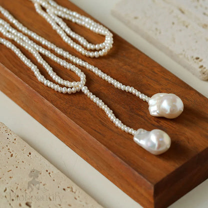 Baroque Double Pendant Freshwater Pearl Opera Necklace