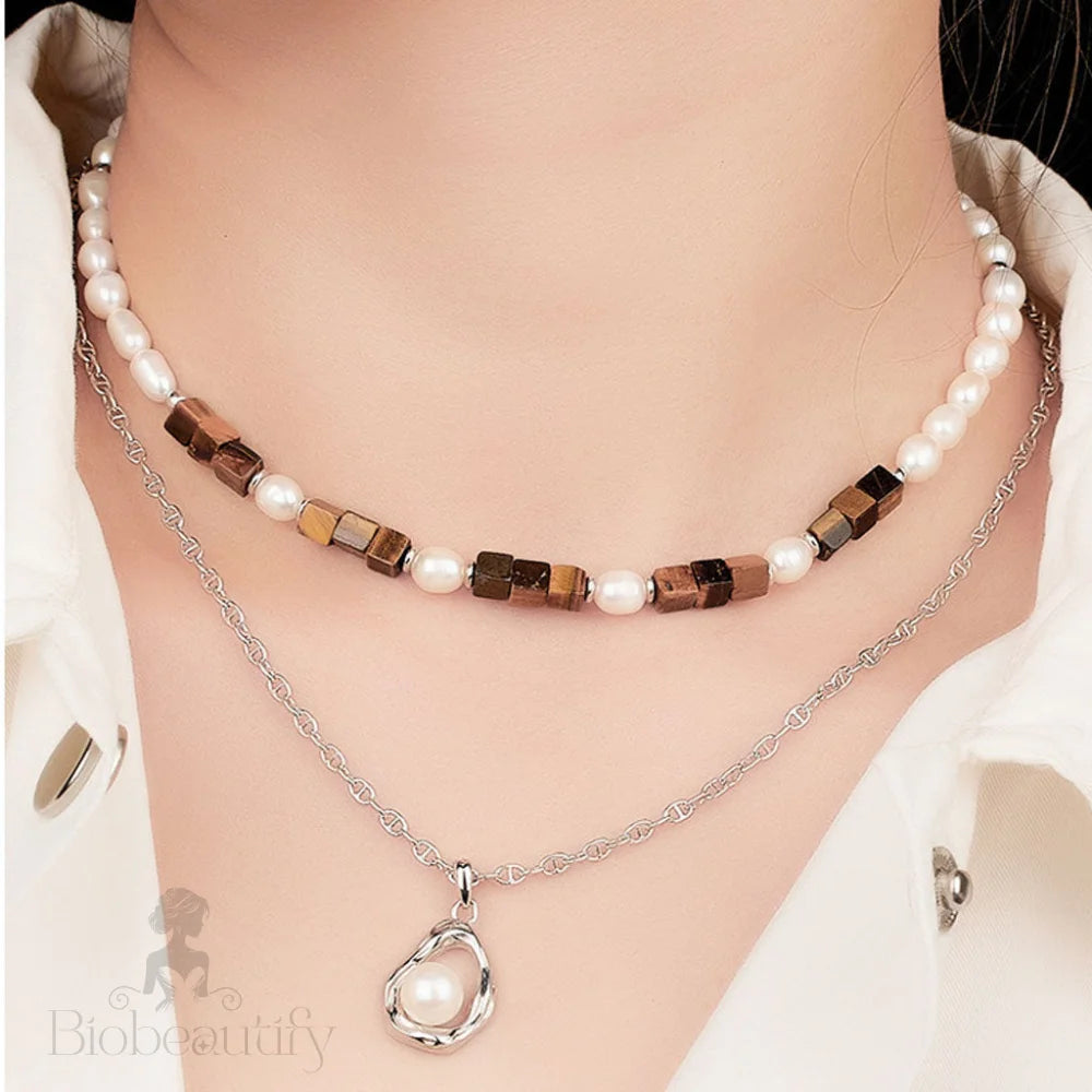 Baroque Freshwater Pearl And Tigers Eye Beaded Smile Choker Necklace